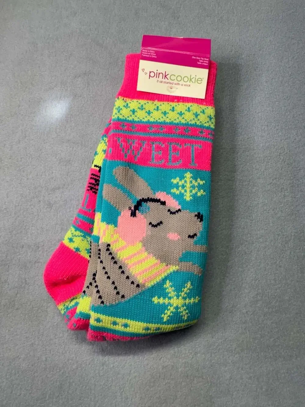 Pink Cookie Knit Bunny Sweet Print Crew Socks